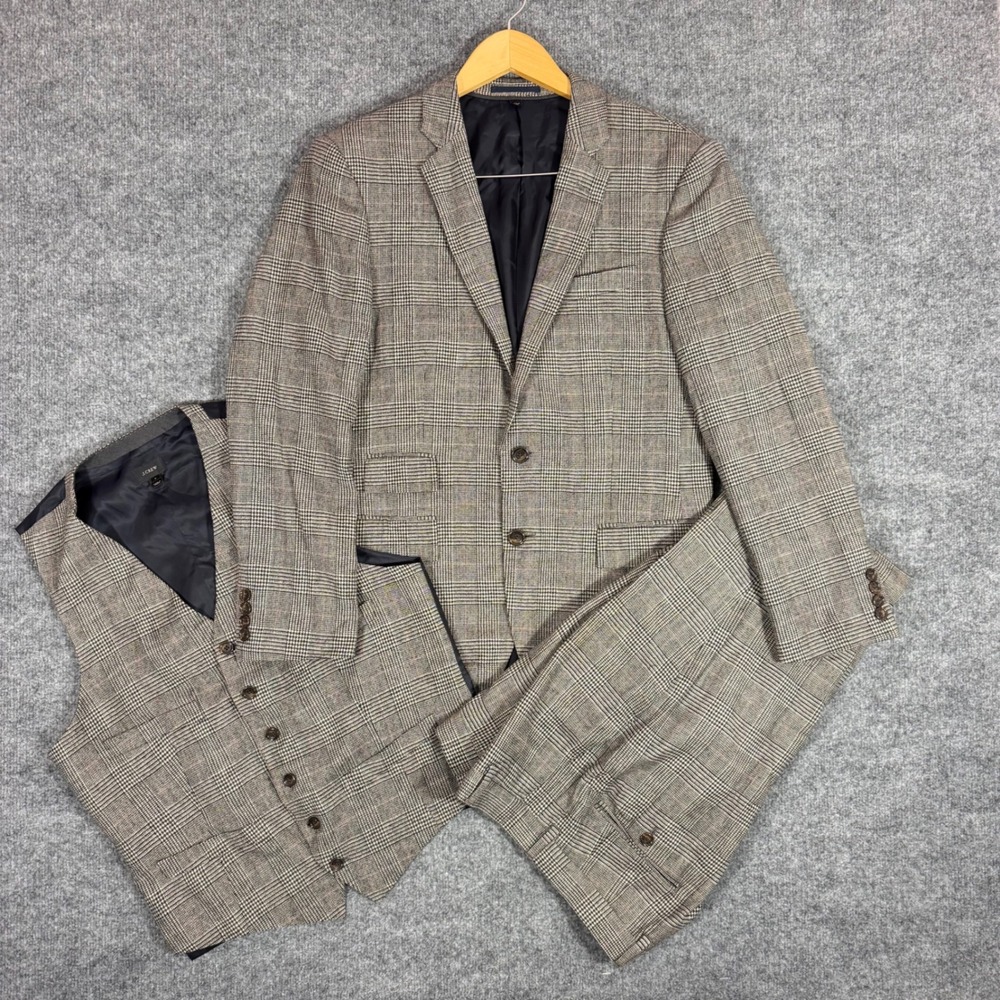 J.Crew Ludlow 3-Piece Suit Glen Plaid Brown Moon Wool Blend Mens 38S 30x30 EUC